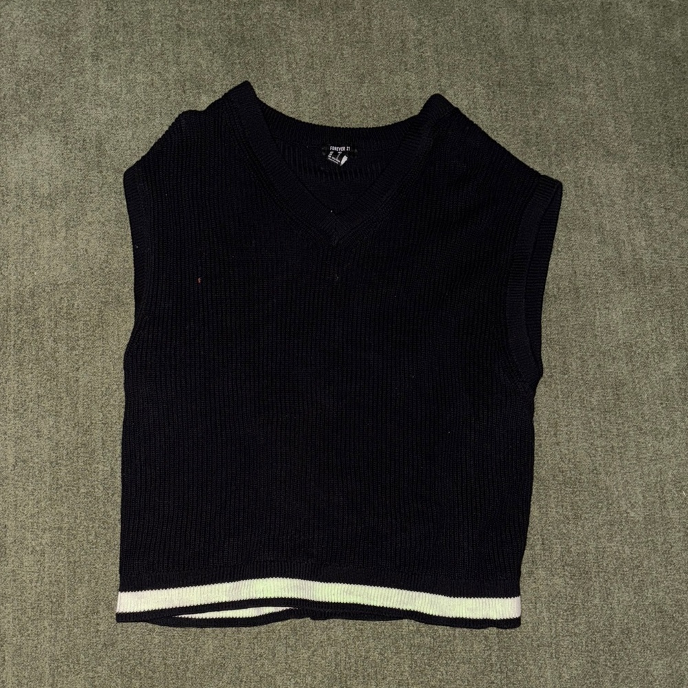 Black Sleeveless Knit Top with White Trim